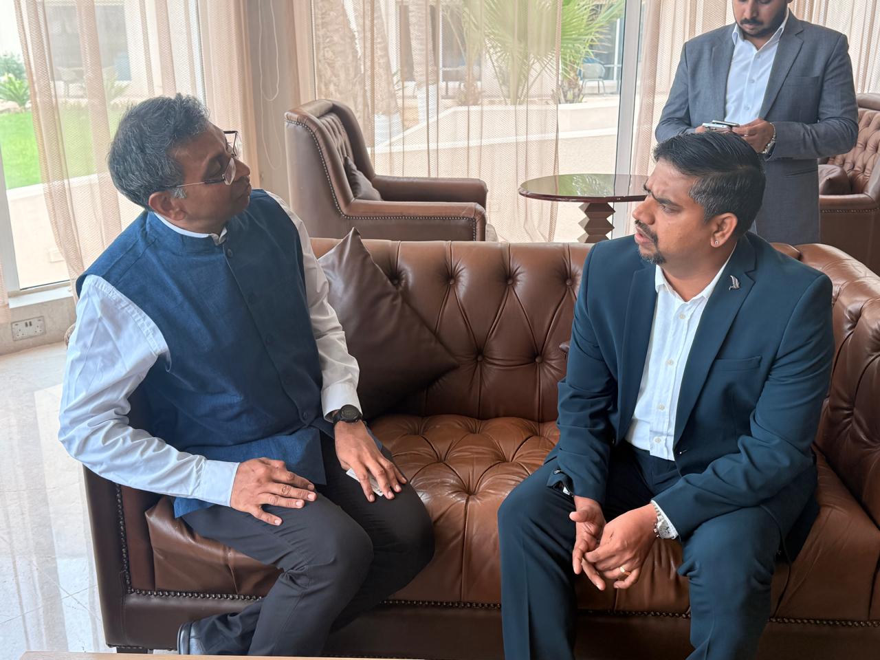 Mr. Shiju Sasiharan receiving a memento from renowned Indian personality Shri. Gopinath Muthukad, inthe presence of Dr. Santhanan, Consular Officer, Embassy of India, Salalah.