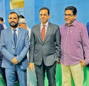 Mr.Shakeel Hassan with HE Ambassador Amit Narang and Indian Social Club President Babu Rajendran